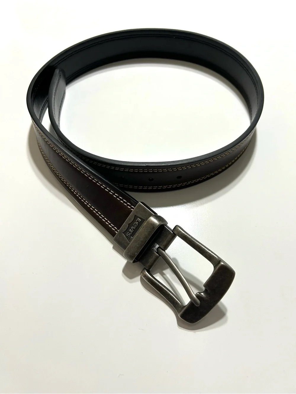 Levi's Men’s Dark Brown Leather Belt with Brushed Silver Buckle